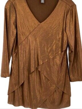 Traveler's by Chico's Gold Shimmer Spliced Layered Asymmetrical Drape VNeckline